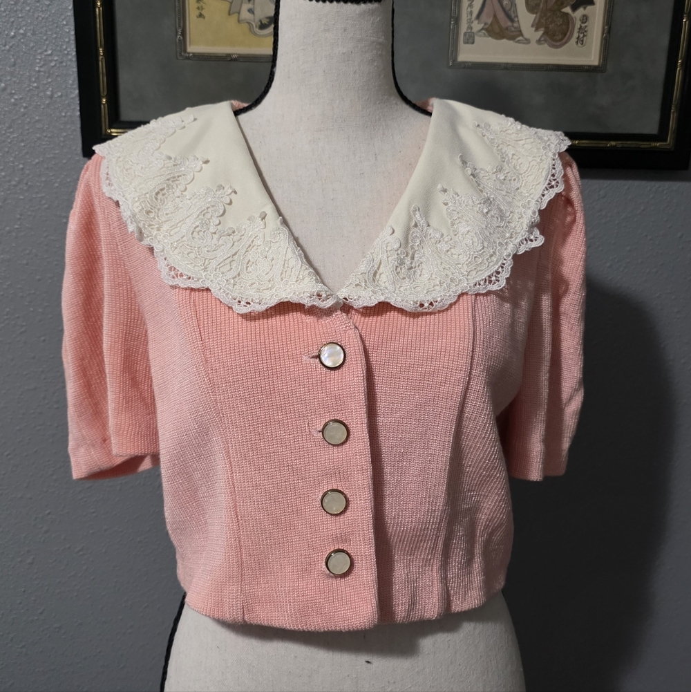 Vintage Jeffrey & Drake Peach Pink Lace Collar Women's Top